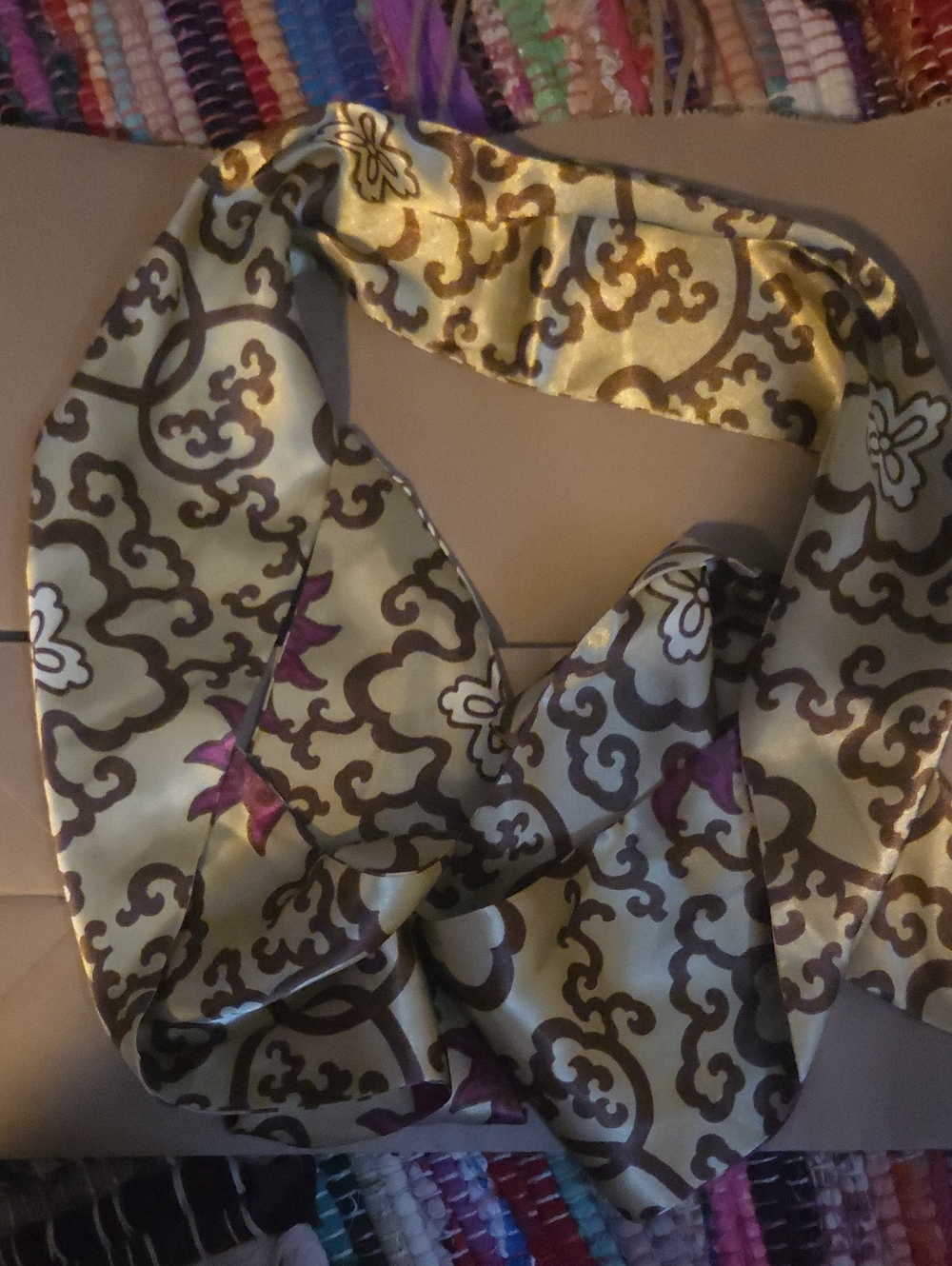Silk-Feel Decorative Scarf in Gold and Brown with Purple Accents